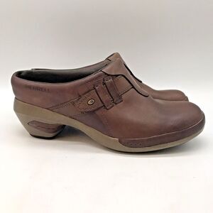 Merrell Luxe Plunge Leather Clogs Women's 9.5 Brown 2 inch Heels Comfort Mules